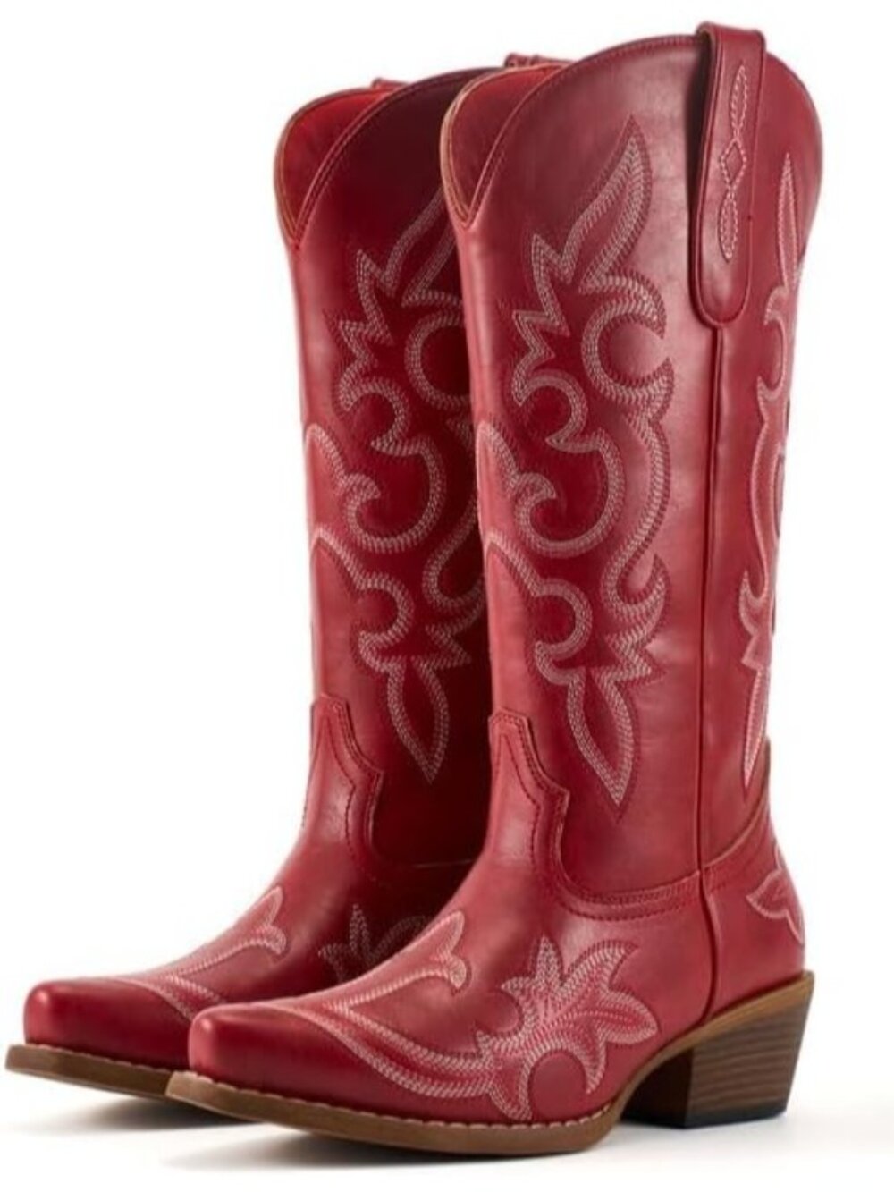 Women's Red Boots Mid Calf Western Cowgirl Boots Chunky Heels Snip Toe Boots